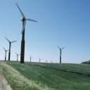 Wind turbines in a sunny field
